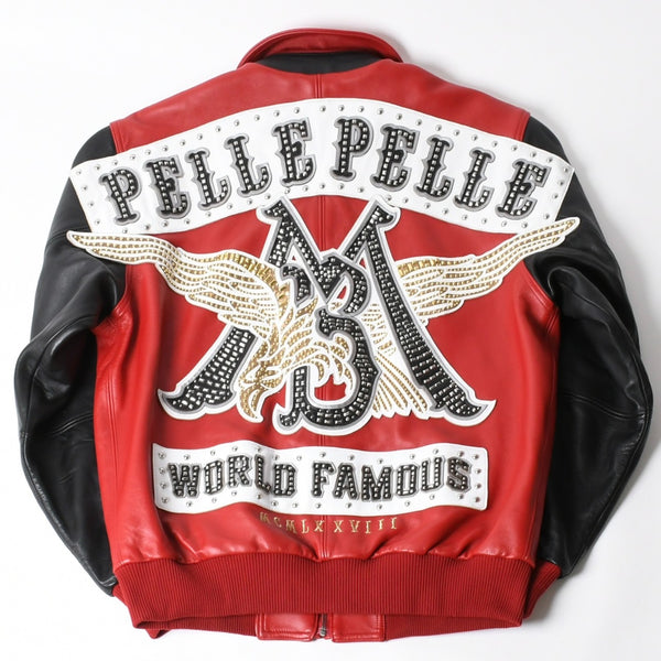 極美品 pellepelle ペレペレ legend leather jacketレジェンド レザージャケット サイズL スタッズ ラインストーン レッド ブラック 中古 4a008291