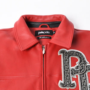 極美品 pellepelle ペレペレ legend leather jacketレジェンド レザージャケット サイズL スタッズ ラインストーン レッド ブラック 中古 4a008291