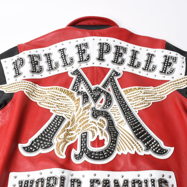 極美品 pellepelle ペレペレ legend leather jacketレジェンド レザージャケット サイズL スタッズ ラインストーン レッド ブラック 中古 4a008291
