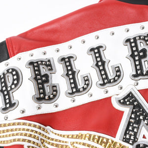 極美品 pellepelle ペレペレ legend leather jacketレジェンド レザージャケット サイズL スタッズ ラインストーン レッド ブラック 中古 4a008291