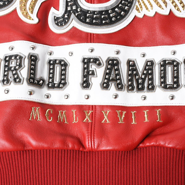 極美品 pellepelle ペレペレ legend leather jacketレジェンド レザージャケット サイズL スタッズ ラインストーン レッド ブラック 中古 4a008291