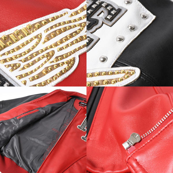 極美品 pellepelle ペレペレ legend leather jacketレジェンド レザージャケット サイズL スタッズ ラインストーン レッド ブラック 中古 4a008291