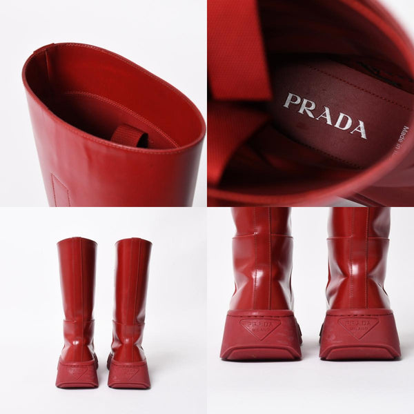 PRADA プラダ ブーツ 長靴 2WG013 レッド ワインレッド トライアングル・エンボスロゴ サイズ9 美品 中古 4a007845