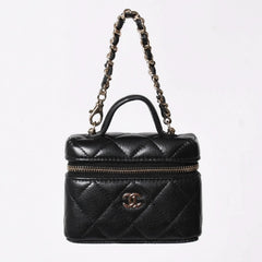 極美品 CHANEL シャネル クラシック ミニ バニティ バッグチャーム ランダム番台 キャビアスキン ブラック ゴールド金具 中古 4a007782
