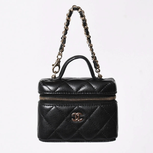 極美品 CHANEL シャネル クラシック ミニ バニティ バッグチャーム ランダム番台 キャビアスキン ブラック ゴールド金具 中古 4a007782