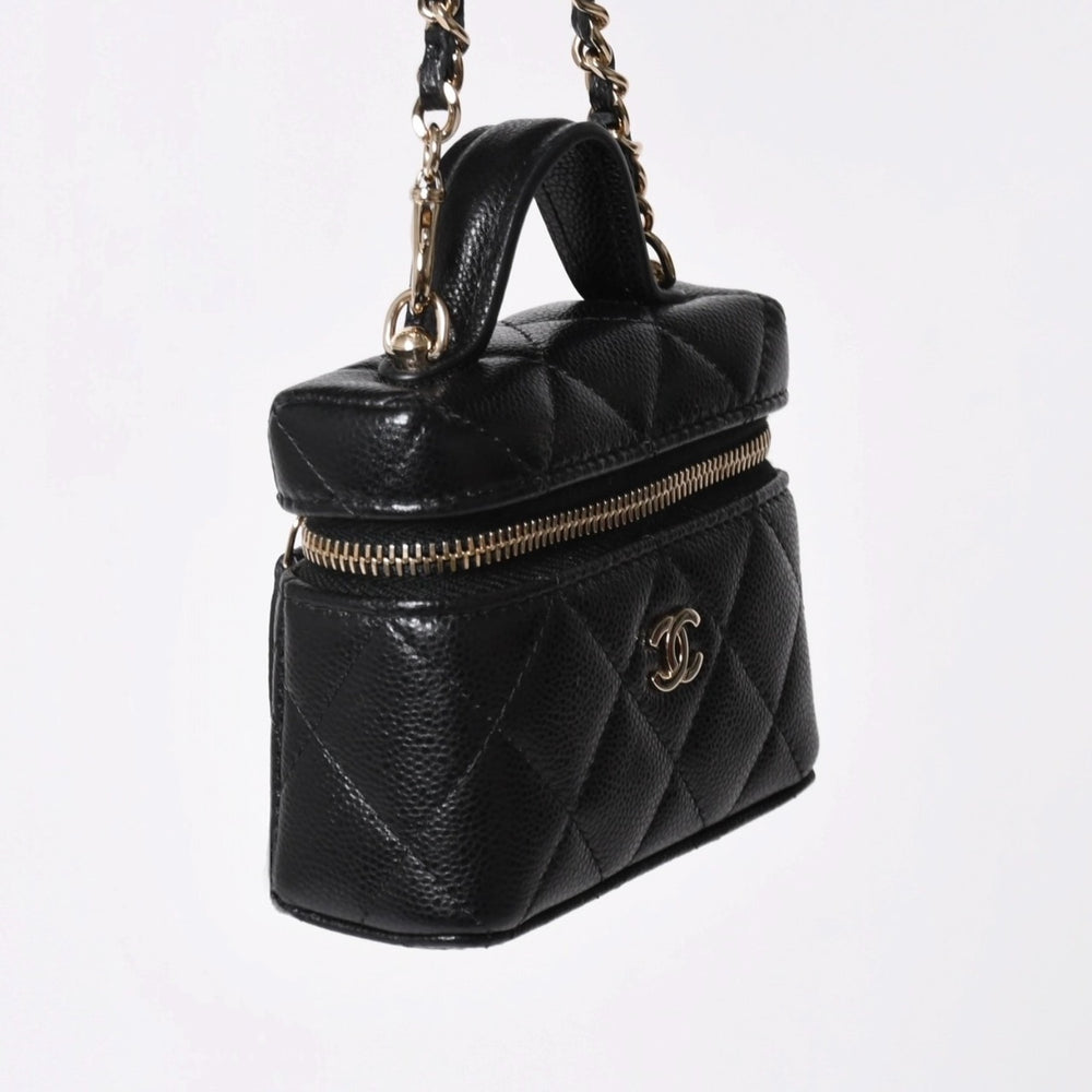 極美品 CHANEL シャネル クラシック ミニ バニティ バッグチャーム ランダム番台 キャビアスキン ブラック ゴールド金具 中古 4a007782