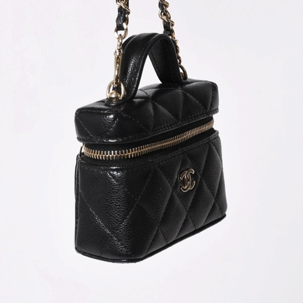 極美品 CHANEL シャネル クラシック ミニ バニティ バッグチャーム ランダム番台 キャビアスキン ブラック ゴールド金具 中古 4a007782