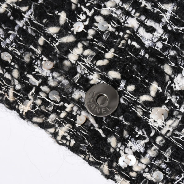 極美品 CHANEL シャネル ワンショルダーバッグ 8番台 ココマーク ツイード スパンデックス ブラック ホワイト シルバー金具 中古 4a007783
