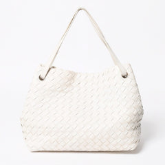 極美品 BOTTEGA VENETA ボッテガヴェネタ ハンドバッグ イントレチャート ホワイト ゴールド金具 レザー B08716912H 中古 4a007864
