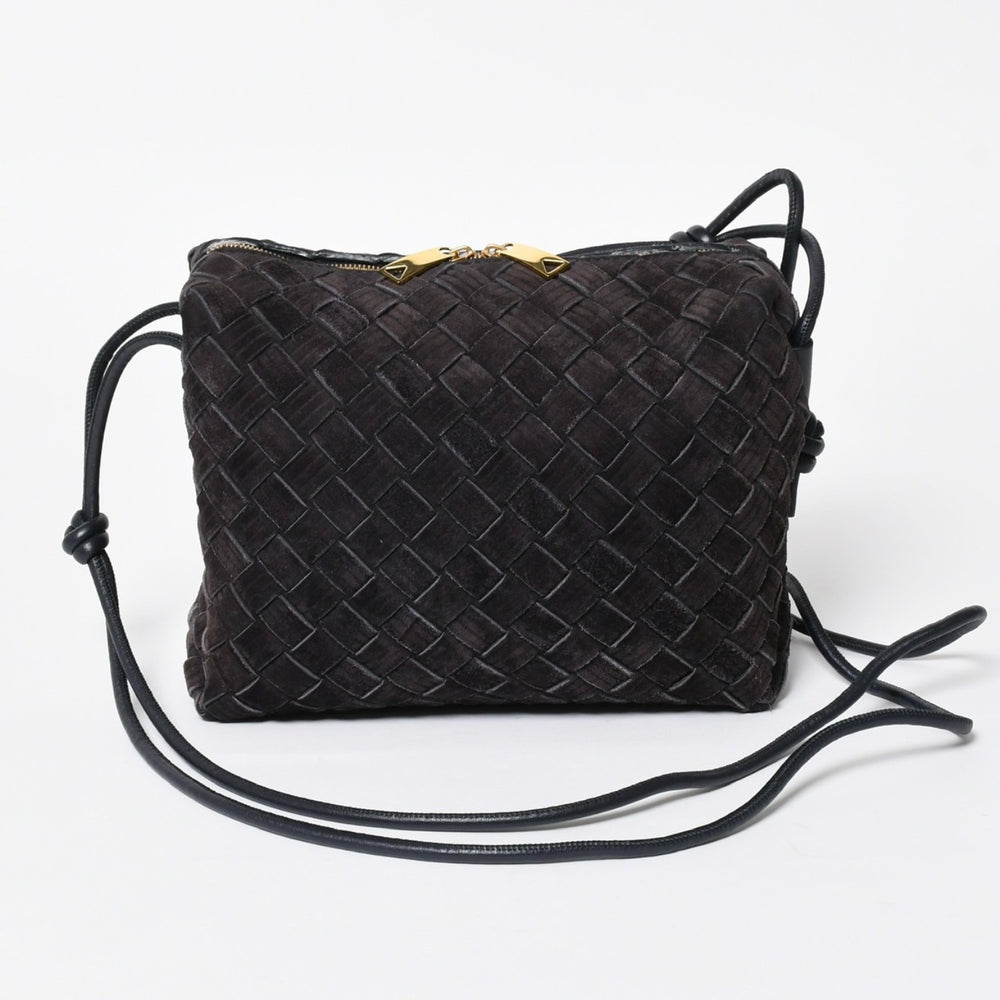 極美品 BOTTEGA VENETA ボッテガヴェネタ ショルダーバッグ レザー スエード イントレチャート ブラック ゴールド金具 4a007866