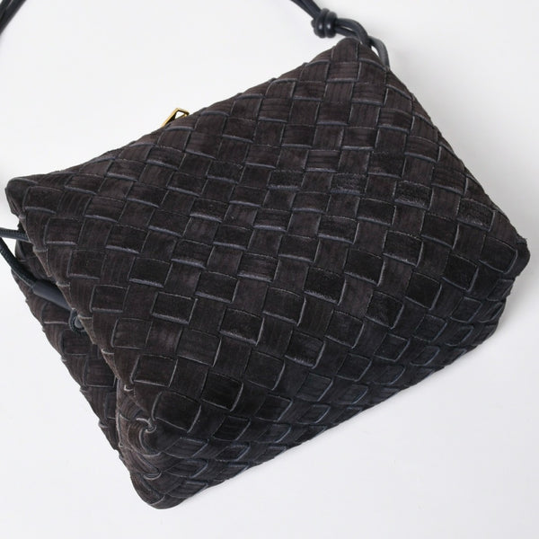 極美品 BOTTEGA VENETA ボッテガヴェネタ ショルダーバッグ レザー スエード イントレチャート ブラック ゴールド金具 4a007866