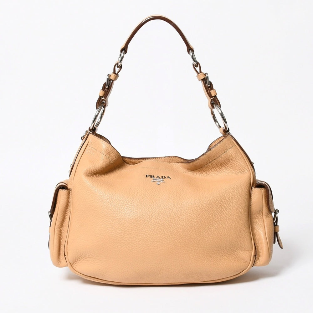 PRADA プラダ ハンドバック ベージュ カーキ レザー カーフレザー シルバー金具 BR3353 美品 中古 4a007861
