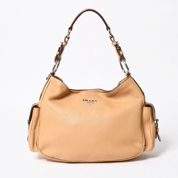 PRADA プラダ ハンドバック ベージュ カーキ レザー カーフレザー シルバー金具 BR3353 美品 中古 4a007861