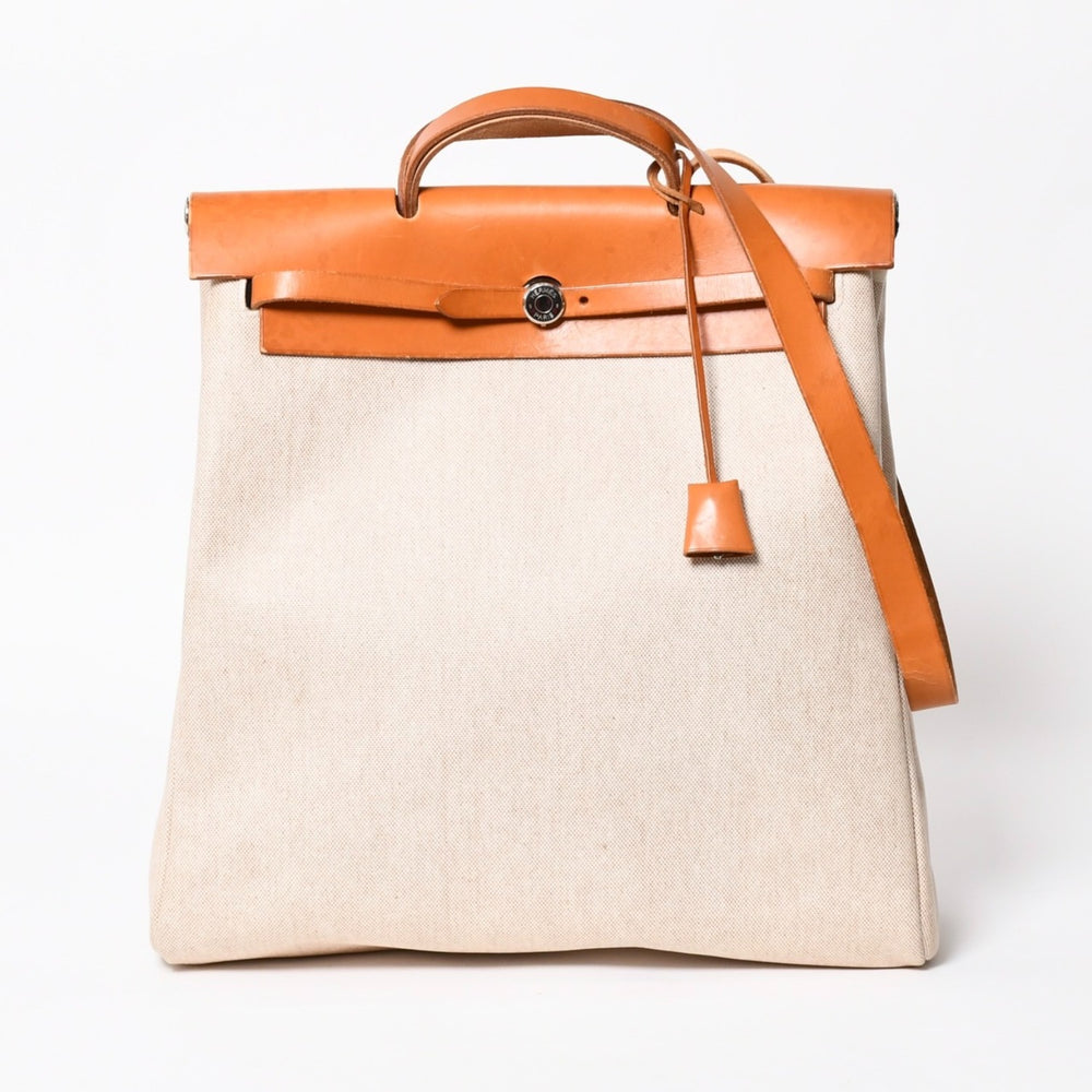 HERMES エルメス エールバッグMM ◻︎B刻印 トワルアッシュ ボックスカーフ ブラウン ベージュ シルバー金具 美品 中古 4a007884