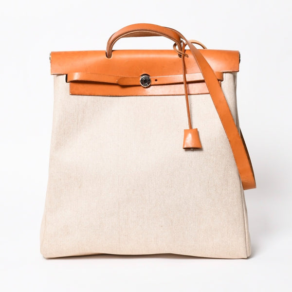 HERMES エルメス エールバッグMM ◻︎B刻印 トワルアッシュ ボックスカーフ ブラウン ベージュ シルバー金具 美品 中古 4a007884
