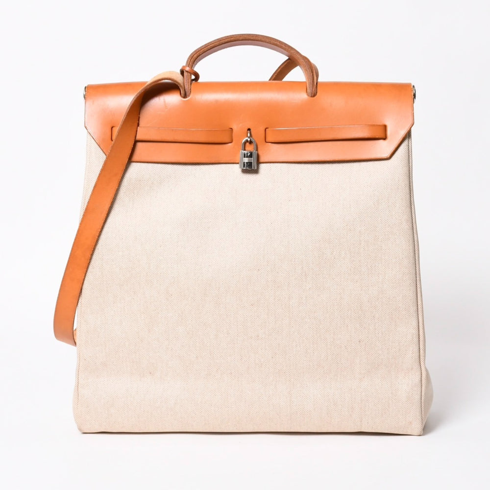 HERMES エルメス エールバッグMM ◻︎B刻印 トワルアッシュ ボックスカーフ ブラウン ベージュ シルバー金具 美品 中古 4a007884