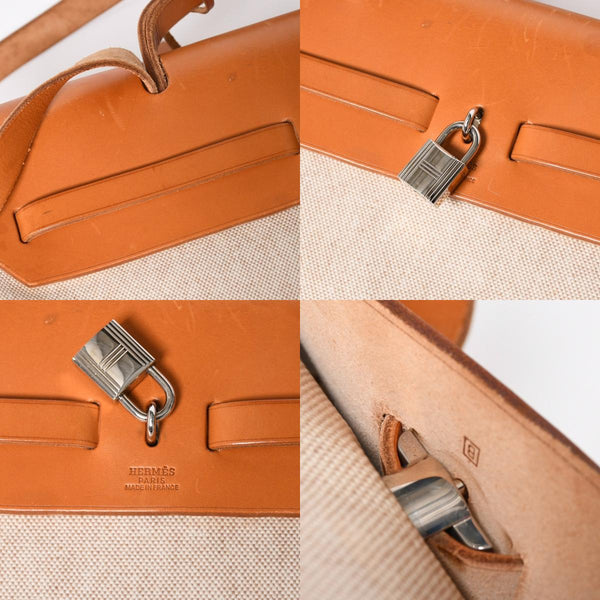 HERMES エルメス エールバッグMM ◻︎B刻印 トワルアッシュ ボックスカーフ ブラウン ベージュ シルバー金具 美品 中古 4a007884