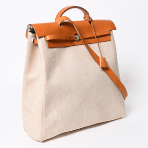 HERMES エルメス エールバッグMM ◻︎B刻印 トワルアッシュ ボックスカーフ ブラウン ベージュ シルバー金具 美品 中古 4a007884