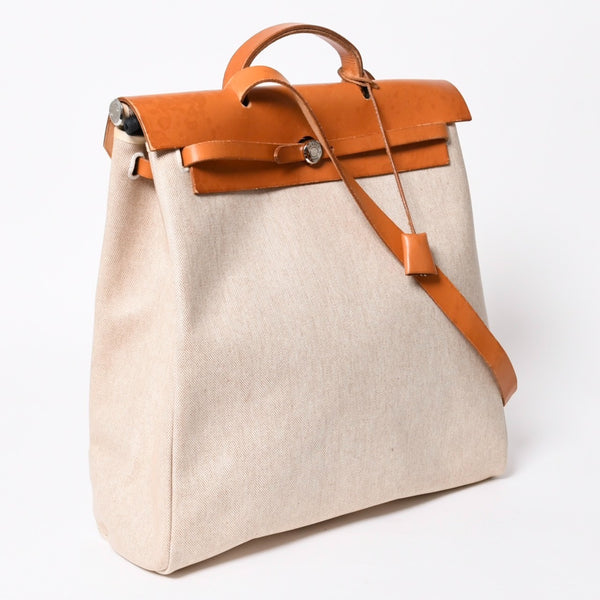HERMES エルメス エールバッグMM ◻︎B刻印 トワルアッシュ ボックスカーフ ブラウン ベージュ シルバー金具 美品 中古 4a007884