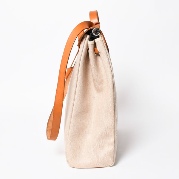 HERMES エルメス エールバッグMM ◻︎B刻印 トワルアッシュ ボックスカーフ ブラウン ベージュ シルバー金具 美品 中古 4a007884