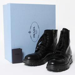 極美品 PRADA プラダ サイドジップ レースアップコンバットブーツ ブラック レザー キャップトゥ サイズ37(23.5cm) シルバー金具 中古 4a007755