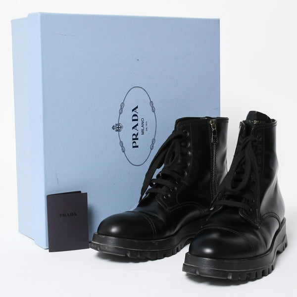極美品 PRADA プラダ サイドジップ レースアップコンバットブーツ ブラック レザー キャップトゥ サイズ37(23.5cm) シルバー金具 中古 4a007755