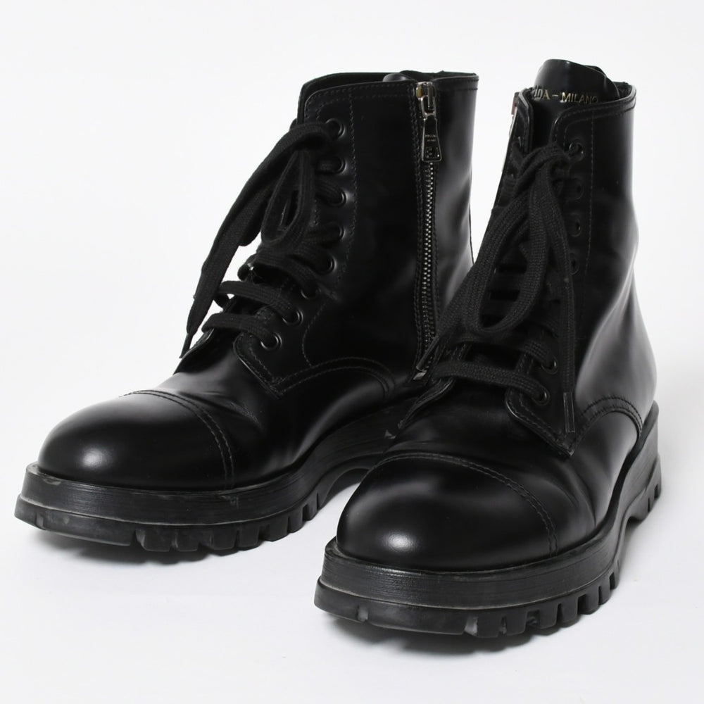 Excellent condition PRADA side-zip lace-up combat boots, black leather, cap toe, size 37 (23.5cm), silver hardware, pre-owned, item number 4a007755