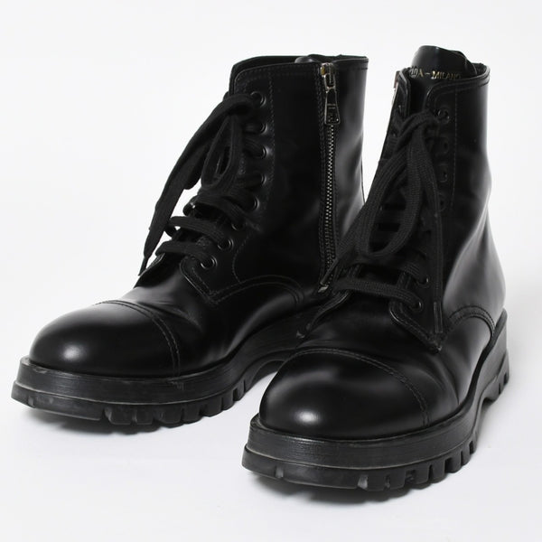 極美品 PRADA プラダ サイドジップ レースアップコンバットブーツ ブラック レザー キャップトゥ サイズ37(23.5cm) シルバー金具 中古 4a007755