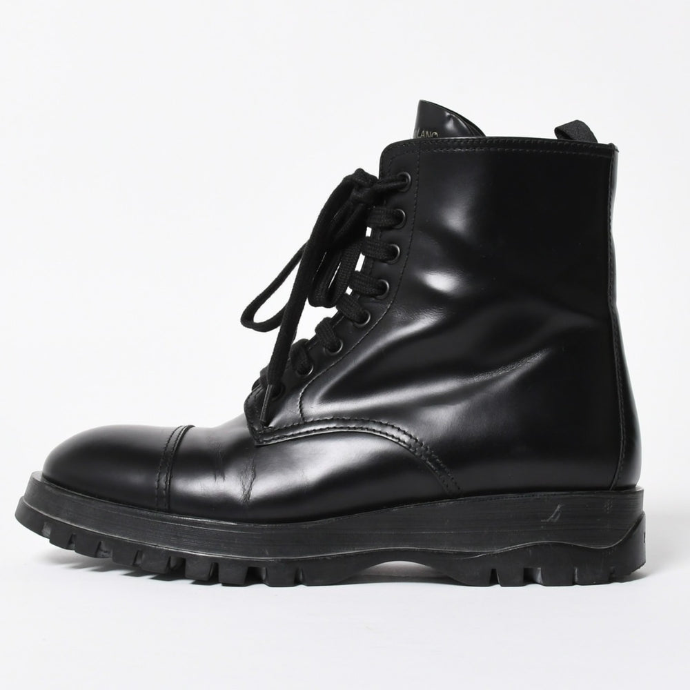 Excellent condition PRADA side-zip lace-up combat boots, black leather, cap toe, size 37 (23.5cm), silver hardware, pre-owned, item number 4a007755