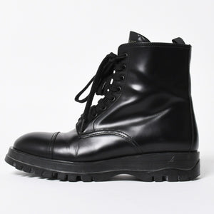 極美品 PRADA プラダ サイドジップ レースアップコンバットブーツ ブラック レザー キャップトゥ サイズ37(23.5cm) シルバー金具 中古 4a007755