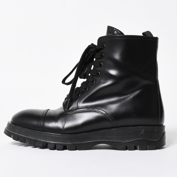 極美品 PRADA プラダ サイドジップ レースアップコンバットブーツ ブラック レザー キャップトゥ サイズ37(23.5cm) シルバー金具 中古 4a007755