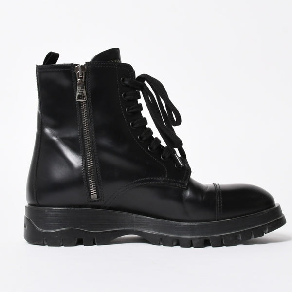 極美品 PRADA プラダ サイドジップ レースアップコンバットブーツ ブラック レザー キャップトゥ サイズ37(23.5cm) シルバー金具 中古 4a007755