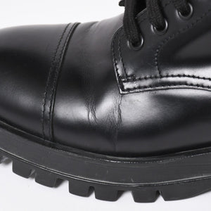 極美品 PRADA プラダ サイドジップ レースアップコンバットブーツ ブラック レザー キャップトゥ サイズ37(23.5cm) シルバー金具 中古 4a007755