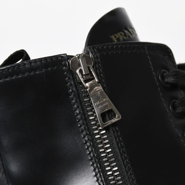 極美品 PRADA プラダ サイドジップ レースアップコンバットブーツ ブラック レザー キャップトゥ サイズ37(23.5cm) シルバー金具 中古 4a007755