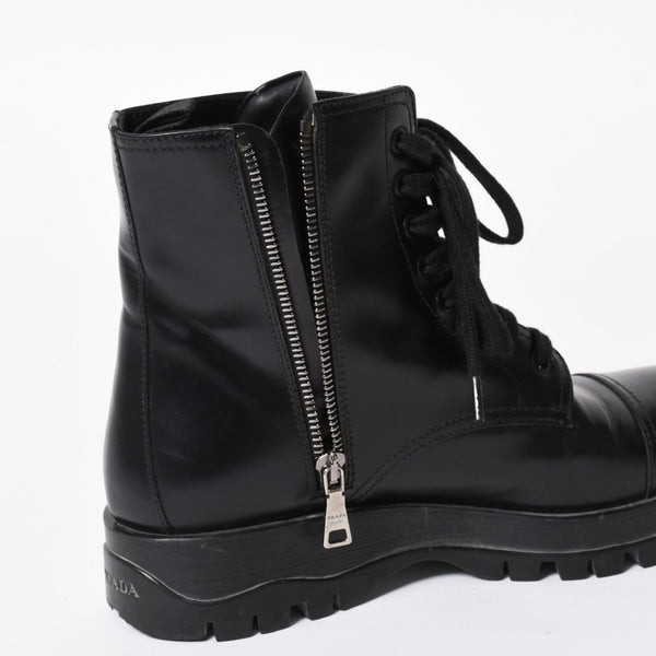 極美品 PRADA プラダ サイドジップ レースアップコンバットブーツ ブラック レザー キャップトゥ サイズ37(23.5cm) シルバー金具 中古 4a007755