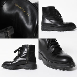 極美品 PRADA プラダ サイドジップ レースアップコンバットブーツ ブラック レザー キャップトゥ サイズ37(23.5cm) シルバー金具 中古 4a007755