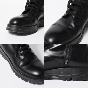 極美品 PRADA プラダ サイドジップ レースアップコンバットブーツ ブラック レザー キャップトゥ サイズ37(23.5cm) シルバー金具 中古 4a007755