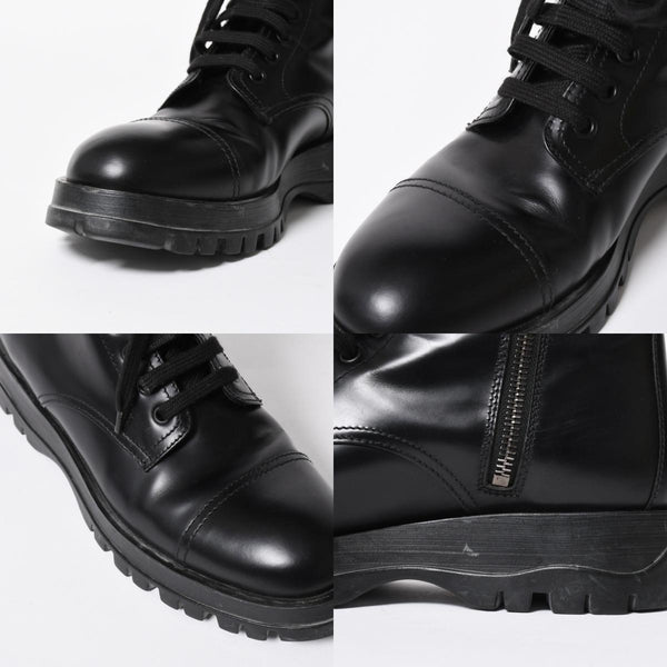 極美品 PRADA プラダ サイドジップ レースアップコンバットブーツ ブラック レザー キャップトゥ サイズ37(23.5cm) シルバー金具 中古 4a007755