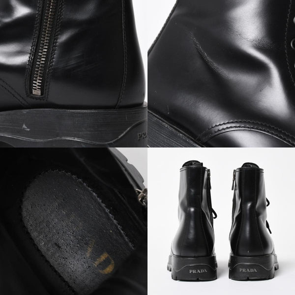 極美品 PRADA プラダ サイドジップ レースアップコンバットブーツ ブラック レザー キャップトゥ サイズ37(23.5cm) シルバー金具 中古 4a007755