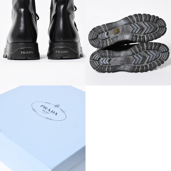 極美品 PRADA プラダ サイドジップ レースアップコンバットブーツ ブラック レザー キャップトゥ サイズ37(23.5cm) シルバー金具 中古 4a007755