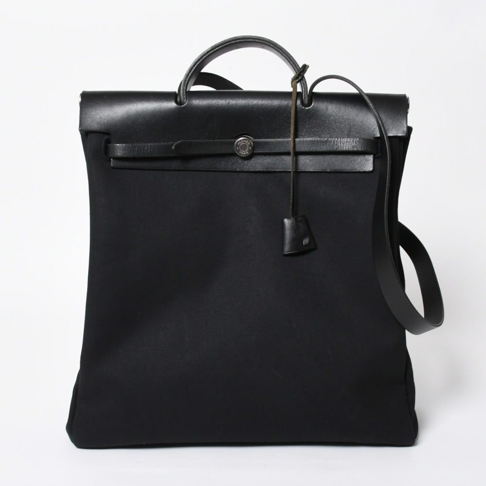 HERMES エルメス エールバッグMM 2WAY ショルダーバッグ ハンドバッグ □C刻印 トワル カーフレザー ブラック シルバー金具 美品 中古 4a007885