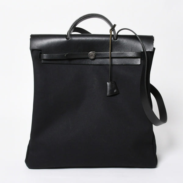 HERMES エルメス エールバッグMM 2WAY ショルダーバッグ ハンドバッグ □C刻印 トワル カーフレザー ブラック シルバー金具 美品 中古 4a007885