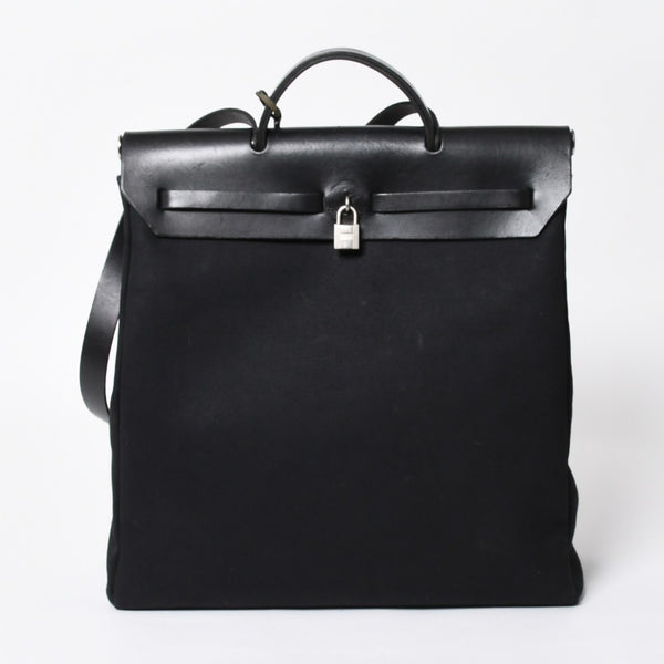 HERMES エルメス エールバッグMM 2WAY ショルダーバッグ ハンドバッグ □C刻印 トワル カーフレザー ブラック シルバー金具 美品 中古 4a007885
