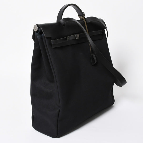 HERMES エルメス エールバッグMM 2WAY ショルダーバッグ ハンドバッグ □C刻印 トワル カーフレザー ブラック シルバー金具 美品 中古 4a007885