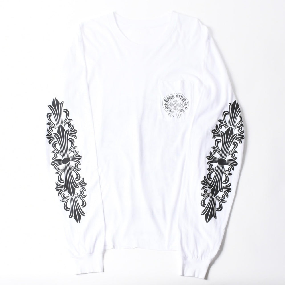 新品未使用 CHROME HEARTS クロムハーツ 香港限定 ホースシュー フローラル ロングスリーブTシャツ Lサイズ ホワイト フローラルクロス 中古 4a007896