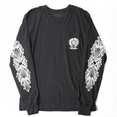 新品同様 CHROME HEARTS クロムハーツ NEW YORK限定 ホースシュー フローラル ロングスリーブTシャツ Lサイズ ブラック スクロールラベル フローラルクロス 中古 4a007897