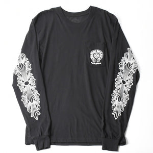 新品同様 CHROME HEARTS クロムハーツ NEW YORK限定 ホースシュー フローラル ロングスリーブTシャツ Lサイズ ブラック スクロールラベル フローラルクロス 中古 4a007897