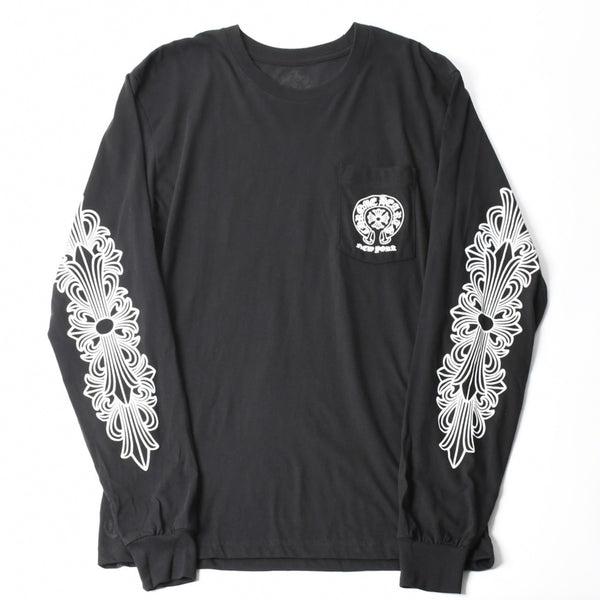 新品同様 CHROME HEARTS クロムハーツ NEW YORK限定 ホースシュー フローラル ロングスリーブTシャツ Lサイズ ブラック スクロールラベル フローラルクロス 中古 4a007897