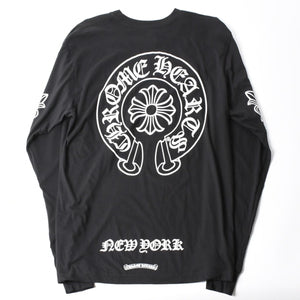 新品同様 CHROME HEARTS クロムハーツ NEW YORK限定 ホースシュー フローラル ロングスリーブTシャツ Lサイズ ブラック スクロールラベル フローラルクロス 中古 4a007897
