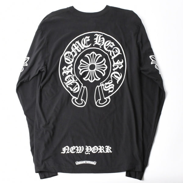 新品同様 CHROME HEARTS クロムハーツ NEW YORK限定 ホースシュー フローラル ロングスリーブTシャツ Lサイズ ブラック スクロールラベル フローラルクロス 中古 4a007897